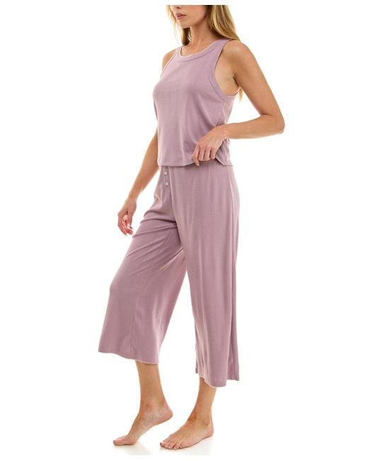 Roudelain Pink 2-piece Contrast Binding Sleeveless T-shirt And Pajama Set