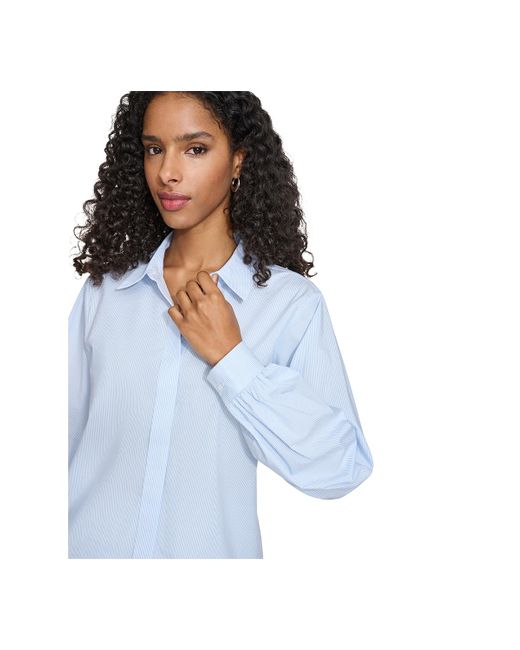 Calvin Klein Blue Pinstriped Covered-placket Long-sleeve Blouse