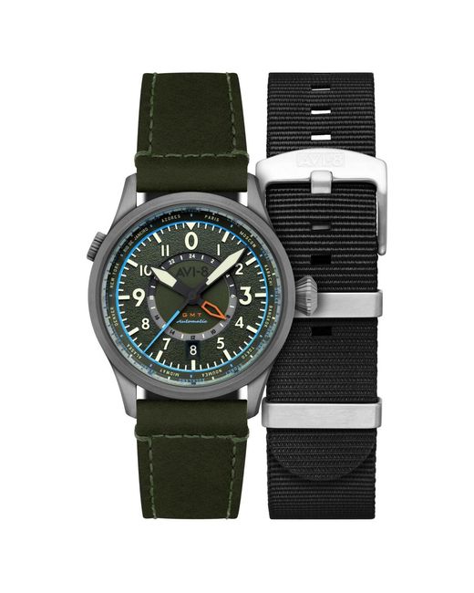 AVI-8 Green Flyboy Wingman Worldtimer Gmt Automatic Leather Strap Watch for men