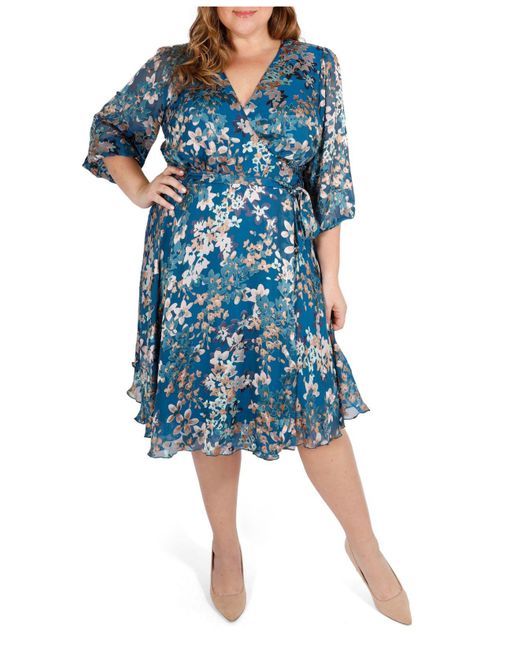 Marée Pour Toi Plus Size Silk Charmeuse Burnout Wrap Dress in Blue | Lyst