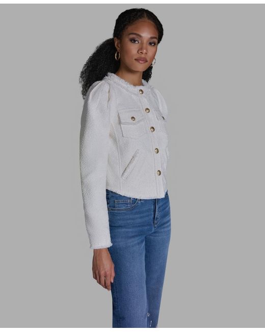 BCBGMAXAZRIA Gray Crewneck Button-front Tweed Jacket