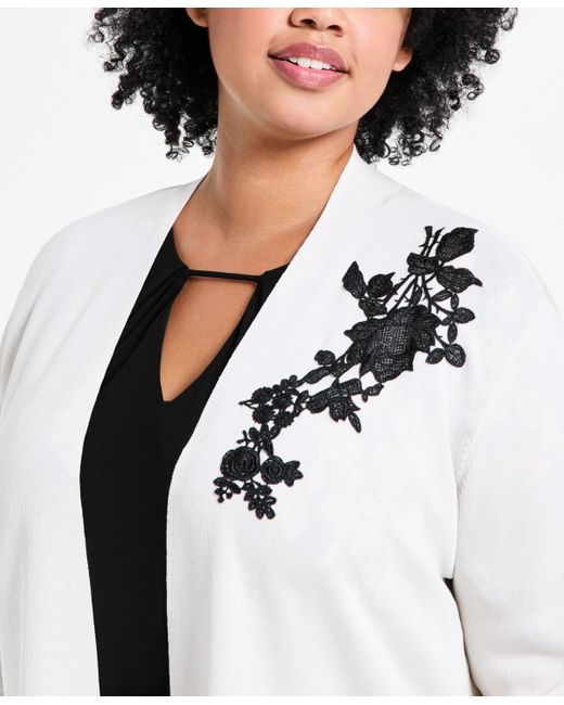 Anne Klein White Plus Size Lace-applique Open-front Cardigan