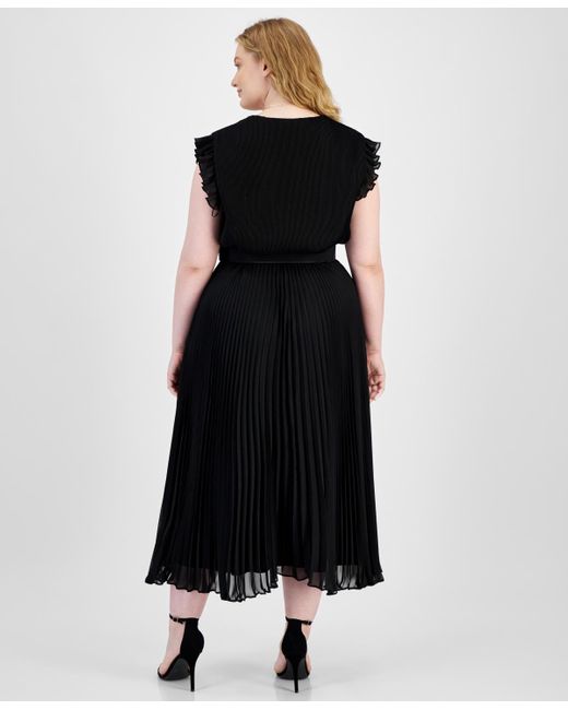 Taylor Black Plus Size Pleated Belted A-line Dress