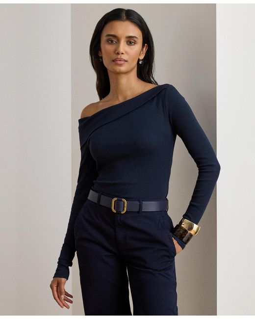 Ralph Lauren Blue Ribbed Asymmetrical Off-the-shoulder Top