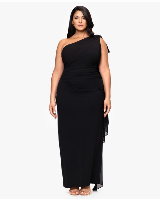 Xscape Blue Plus-size One-shoulder Sash Gown