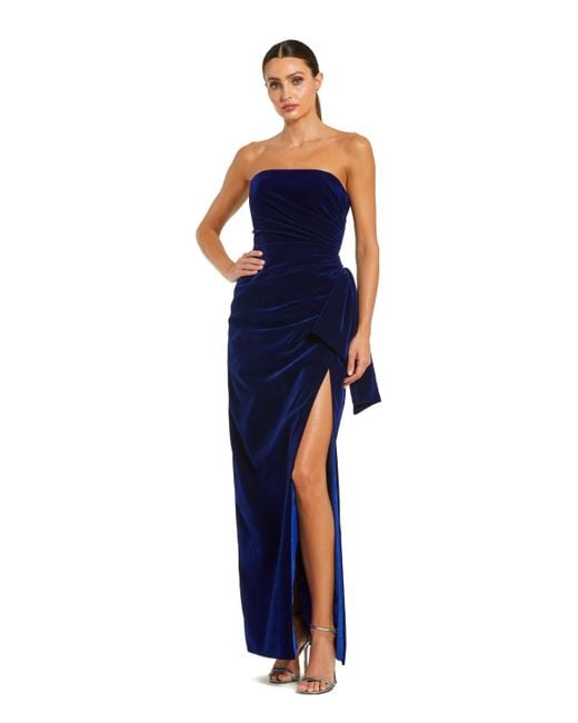 Mac Duggal Blue Strapless High Slit Draped Velvet Gown