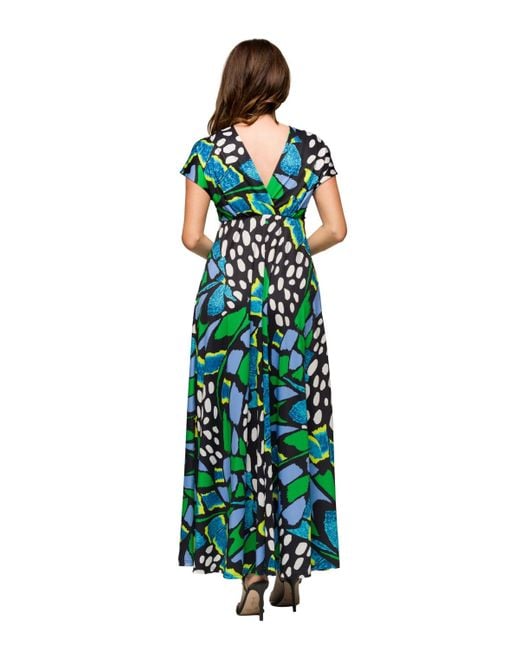 24seven Comfort Apparel Green V Neck Empire Waist Cap Sleeve Maxi Dress