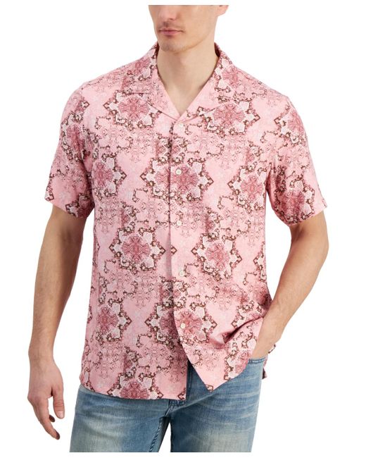 Club Room Pink Medallion-print Camp-collar Resort Shirt for men