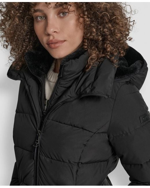 DKNY Black Bibbed Hooded Zip-front Puffer Coat