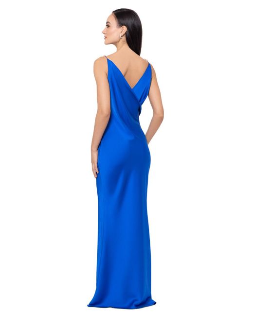 Betsy & Adam Blue Satin Beaded-strap Gown