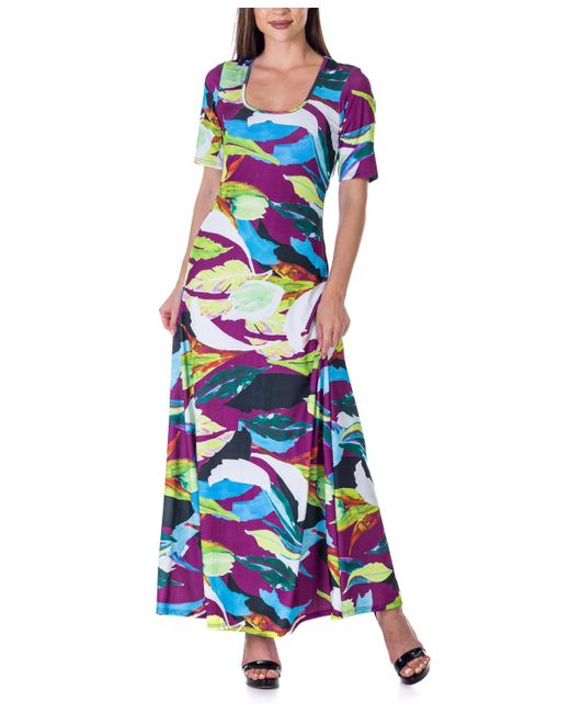 24seven Comfort Apparel Blue Print Elbow Sleeve Casual A Line Maxi Dress