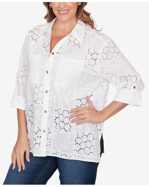 Ruby Rd White Plus Size Patchwork Eyelet Roll-tab Sleeve Top
