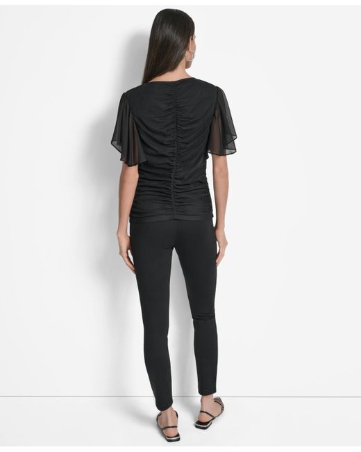 DKNY Black Center-ruched Flutter-sleeve Top