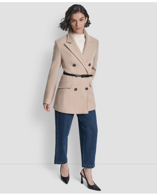 DKNY Women's Natural Short Double-breasted Belted Coat