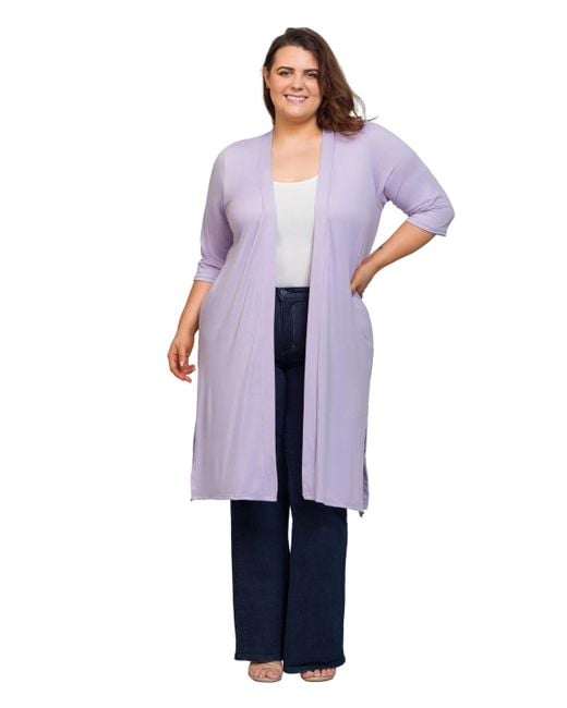 24seven Comfort Apparel Purple Plus Size Knee Length Duster Cardigan Sweater
