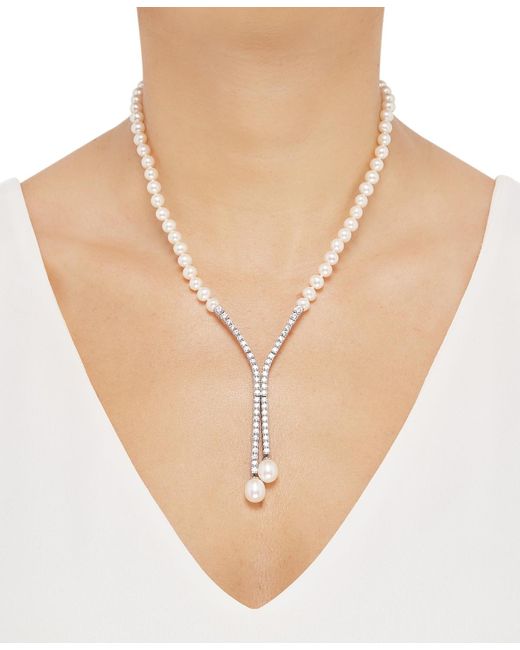 Arabella Metallic Cultured Freshwater Pearl (5mm & 10 X 8mm) And Swarovski Zirconia Lariat Necklace In Sterling Silver