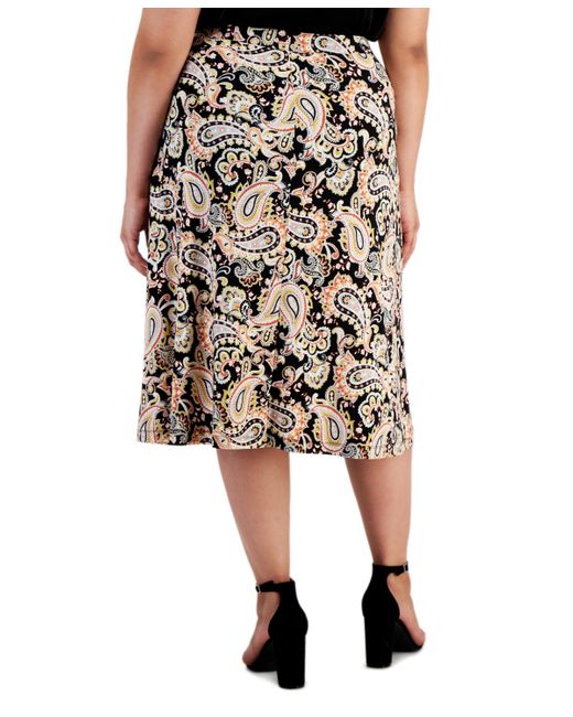 Kasper Black Plus Size Paisley-print Pull-on Midi Skirt
