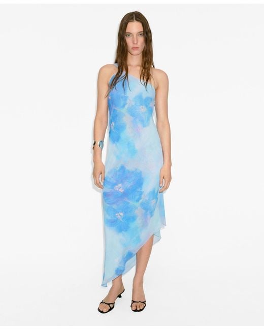 Mango Asymmetrical Floral Scarf Dress in Blue | Lyst