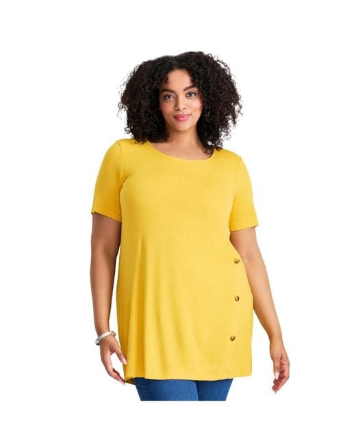Avenue Yellow Plus Size Button Detail Tunic Tee