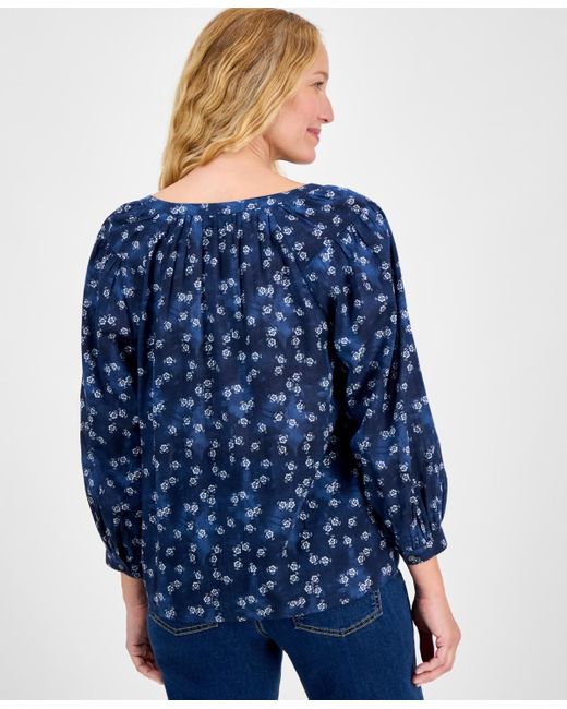 Style & Co. Blue Printed 3/4 Sleeve Split-neck Blouse