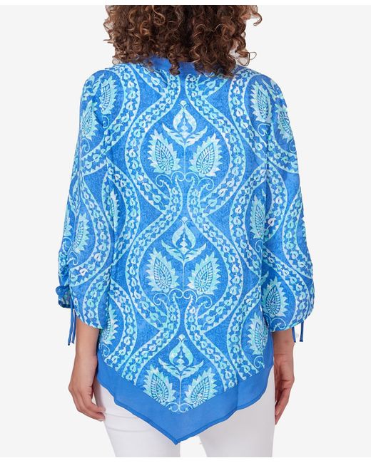 Ruby Rd Blue Petite Polynesian Bali Pull Over Pointed Hem Top