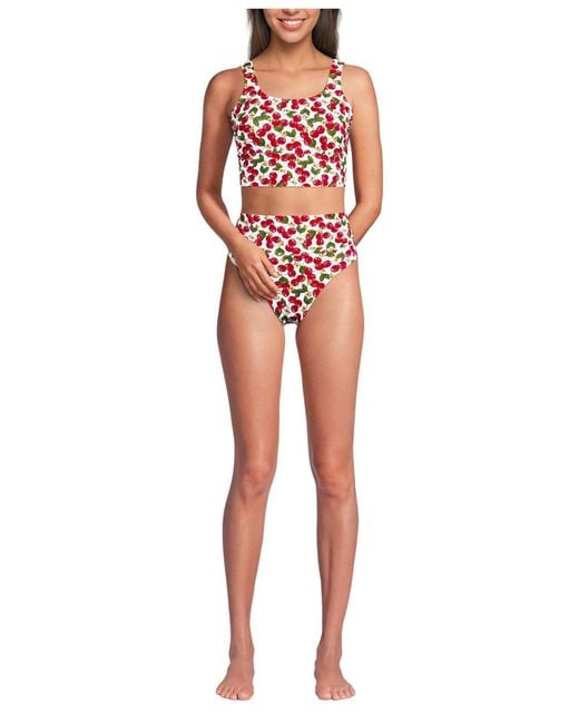 Lands' End Women's Red Tugless Midkini Top And High Waisted Bottom Swimsuit Set