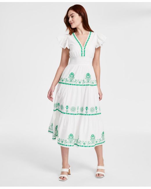 Adrianna Papell Cotton Embroidered Midi Dress in White | Lyst