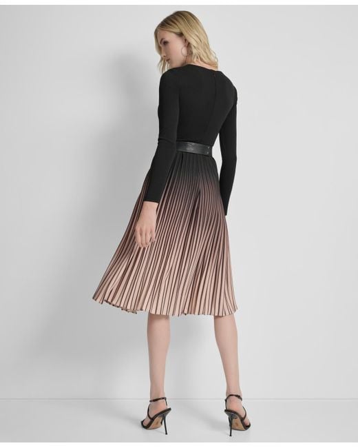 DKNY Multicolor Ombre Sunburst Pleat-skirt Long-sleeve Midi Dress