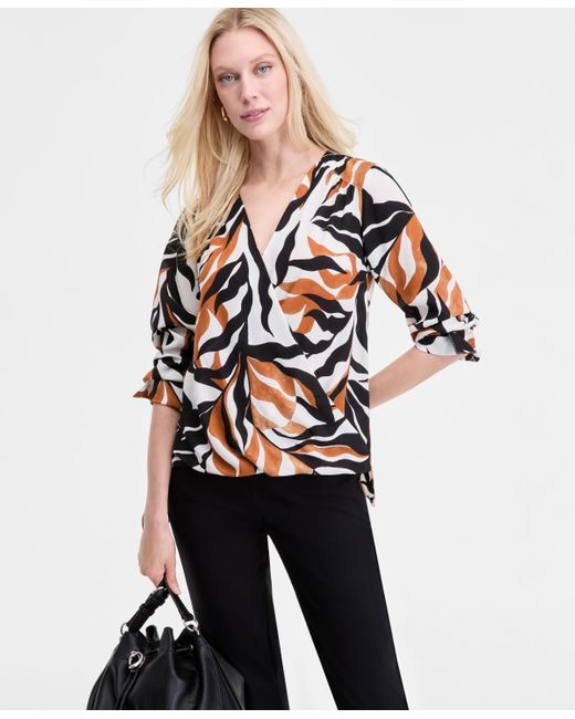 INC International Concepts Multicolor Printed Cuffed Surplice Top