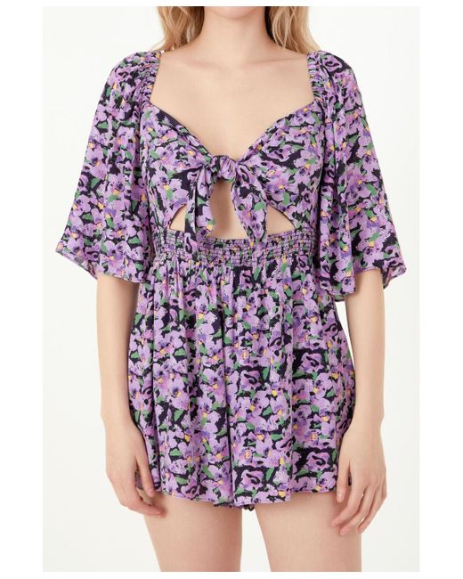 Free the Roses Purple Front Tie Detail Romper
