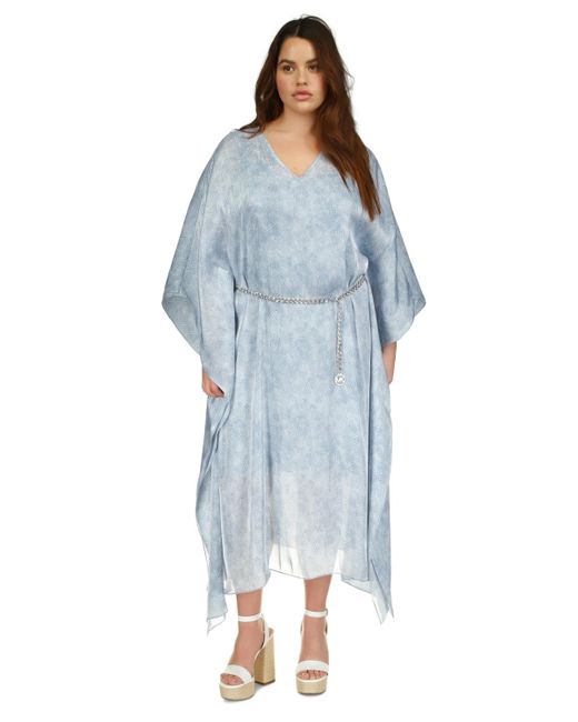 Michael Kors Blue Plus Size Printed Belted Poncho