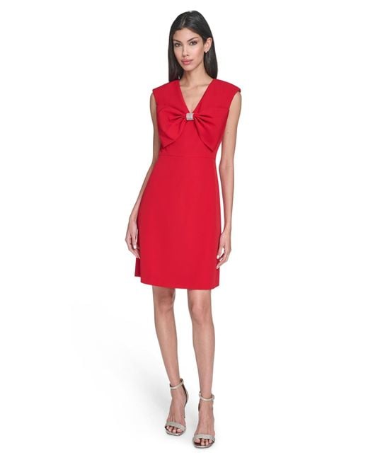 Eliza J Petite Bow Front Fit And Flare Dress in Red | Lyst