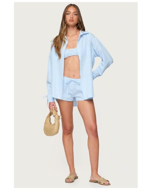 Edikted Blue Yaffa Oversized Gingham Button Up Shirt