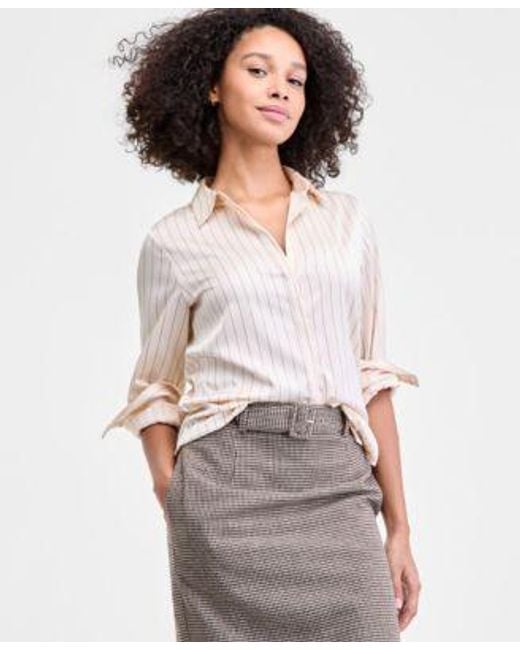 French Connection Gray Satin Pinstripe Blouse Houndstooth Belted Midi Skirt