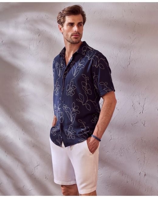 Cubavera Blue Embroidered Short Sleeve Button Down Shirt for men