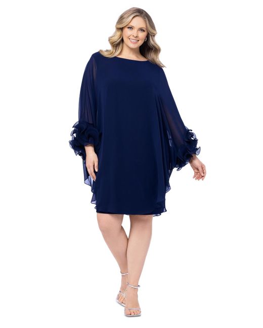 Xscape Blue Plus Size Ruffle-cuff Batwing-sleeve Dress