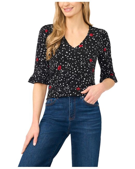 Cece Black Printed V-neck Top
