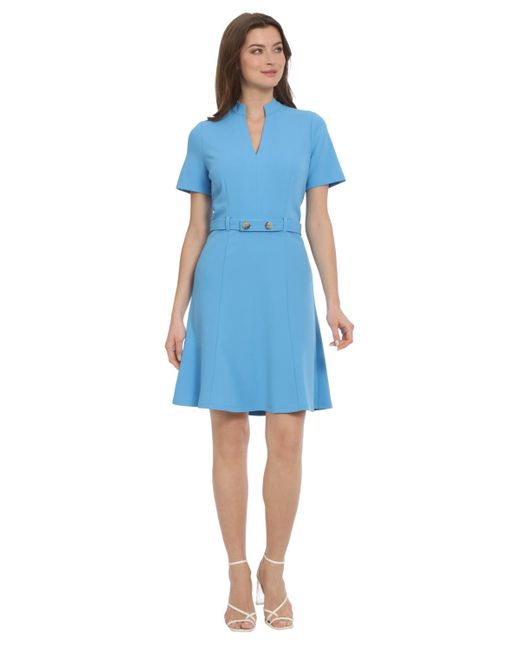 Maggy London Blue Belted Short-sleeve Fit & Flare Dress