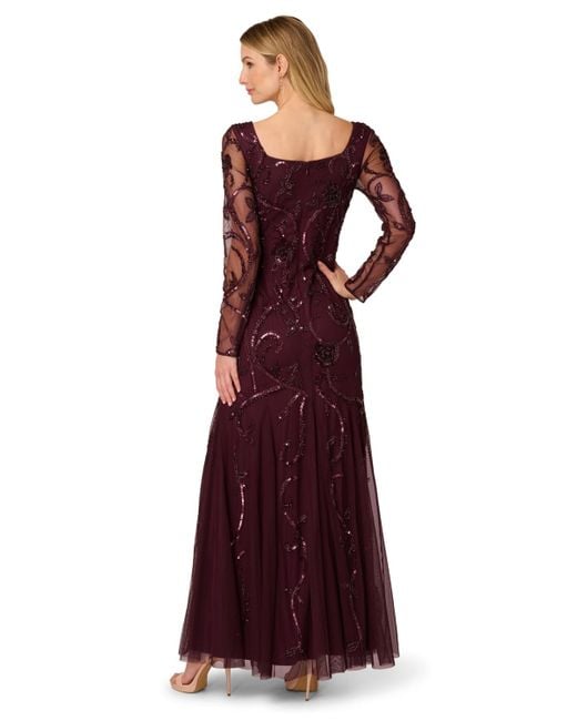 Adrianna Papell Red Beaded Long Sleeve Dress
