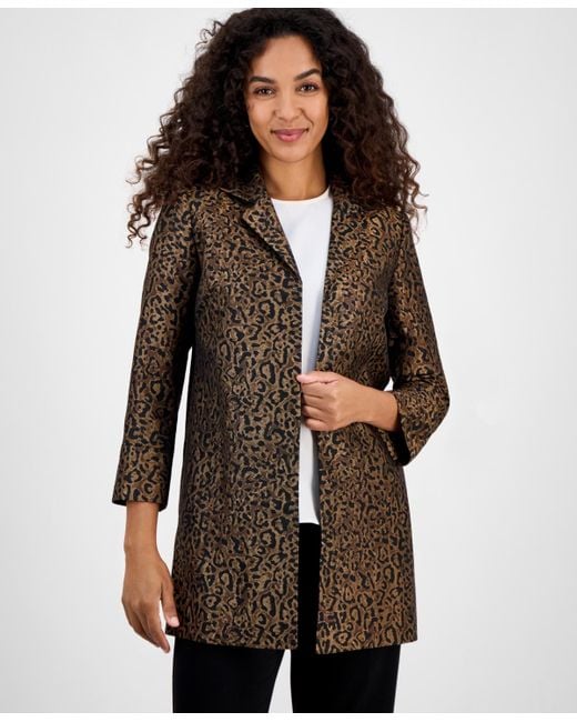Kasper Women's Brown Leopard Jacquard Open-front 3/4-sleeve Topper