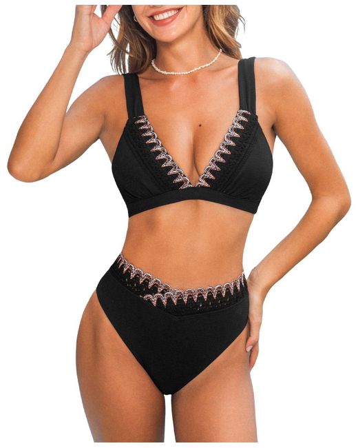 CUPSHE Black Deep V-neck Stitching Back Hook Bikini Sets