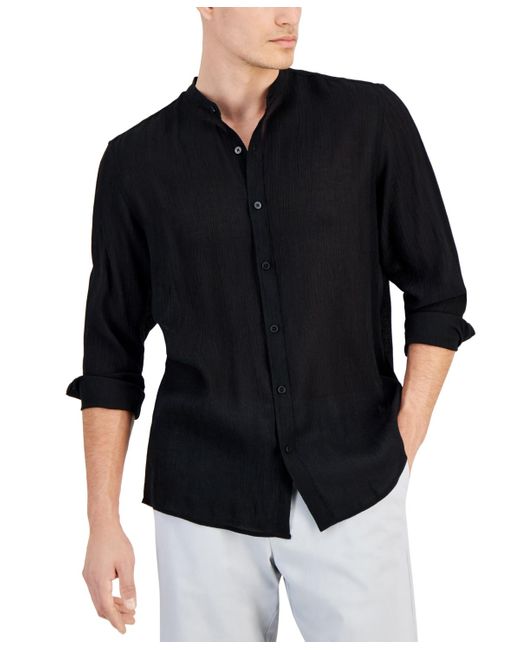 Alfani Black Regular-fit Crinkled Button-down Band-collar Shirt for men