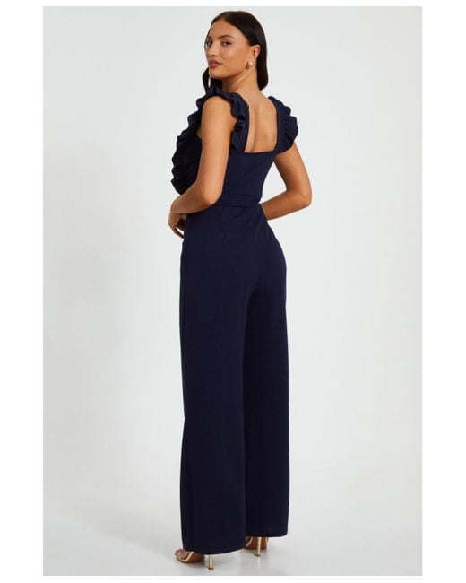 Quiz Blue Scuba Crepe Chain Front Frill Jumpsuit