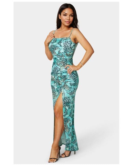 Bebe Blue Ruched High Slit Solid Dress