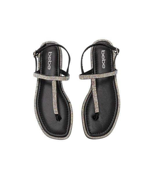 Bebe Black S Rhinestone T-strap Sandals