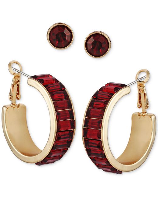 Guess Gold tone 2 pc Set Crystal Stud Baguette crystal Hoop Earrings 