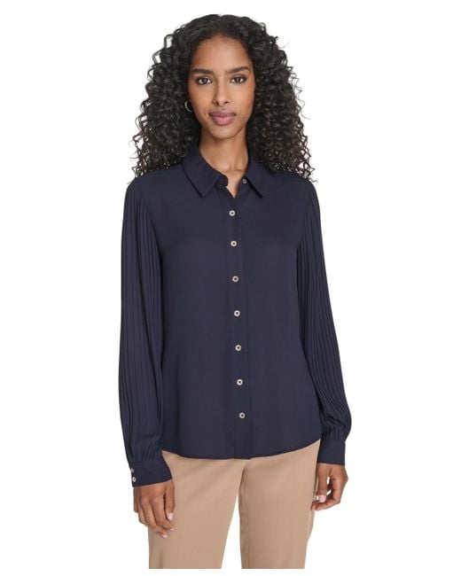 Tommy Hilfiger Blue Pleated Sleeve Button Up Blouse