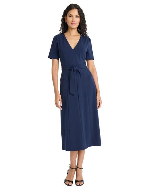 Maggy London Blue V-neck Midi Dress