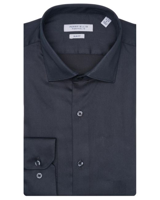 Perry Ellis Men's Blue Solid Sateen Slim Fit Dress Shirt Perry Ellis Men's Blue Solid Sateen Slim Fit Dress Shirt