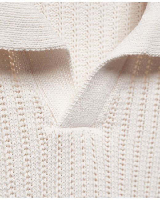 Mango White Openwork Knit Cotton Polo for men